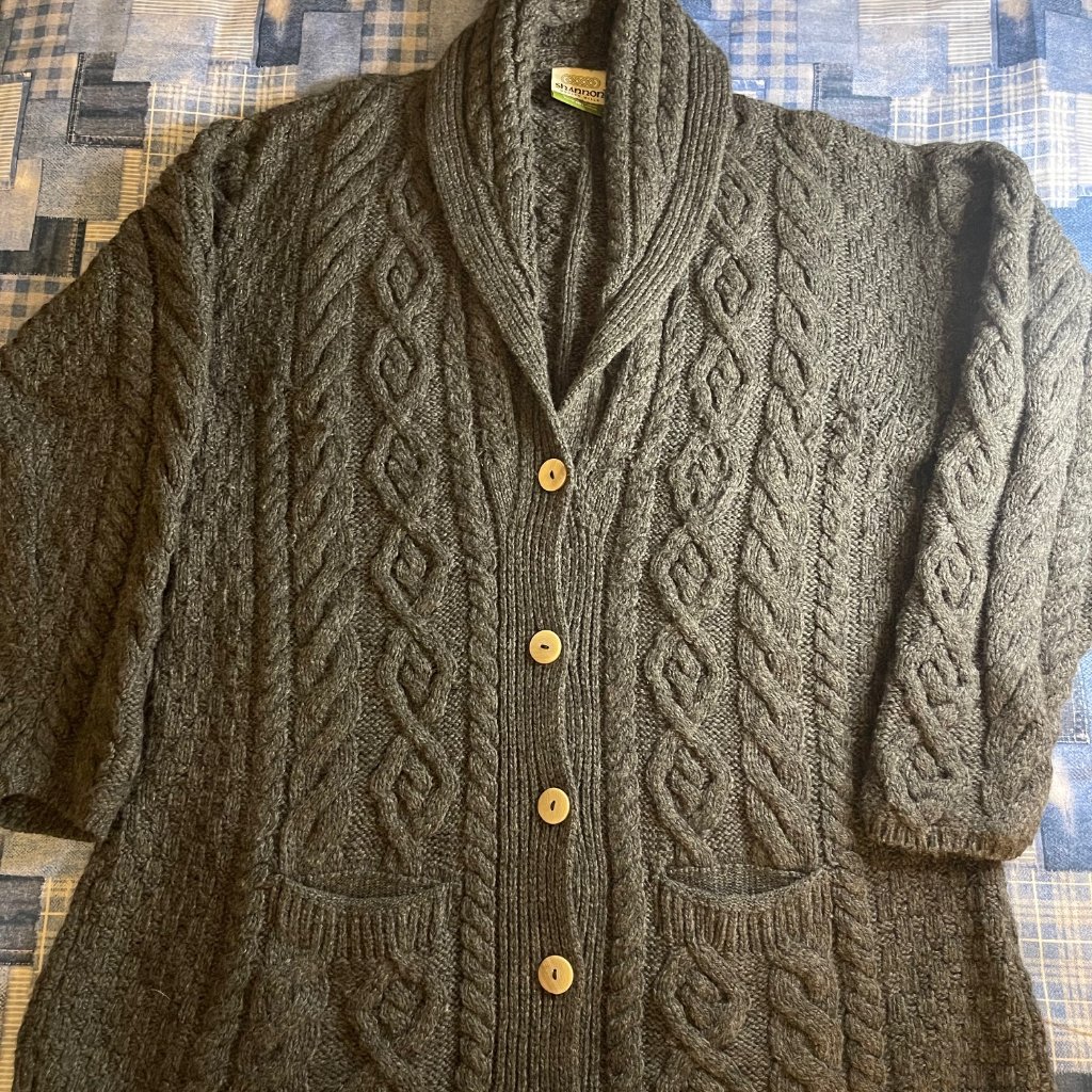 Shannon Merino Wool Cable Knit Cardigan 1x Dark Grey, Wooden Buttons